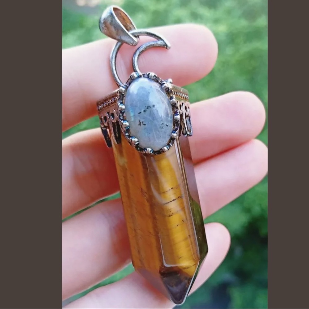 Tigers eye labradorite stone gun black Suede necklace